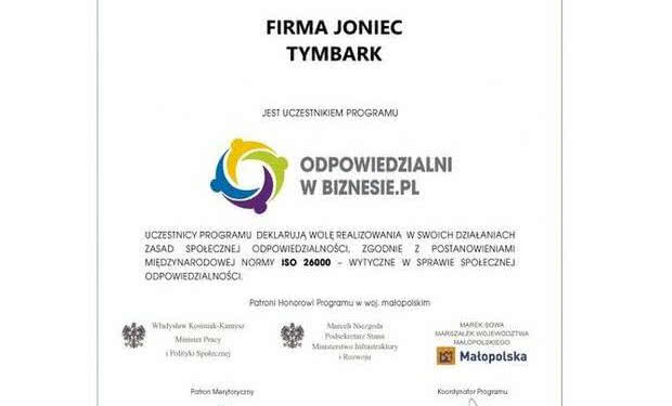 Joniec uczestnikiem programu ODPOWIEDZIALNI W BIZNESIE.PL